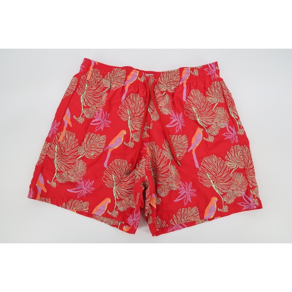Vilebrequin Swim Trunks Mens XL Red Embroidered Parrot Floral Limited Edition